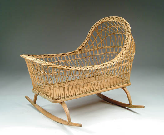 Appraisal: GOOD WICKER OPEN WORK CRADLE Flat woven edge wood carved