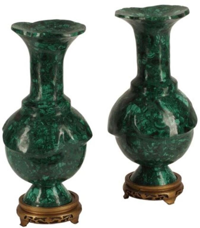 Appraisal: pair Malachite tiled vases rising on carved wood stands small