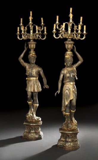 Appraisal: Tall Pair of Italian Carved Parcel-Silvered and -Gilt Wooden Ten-Light