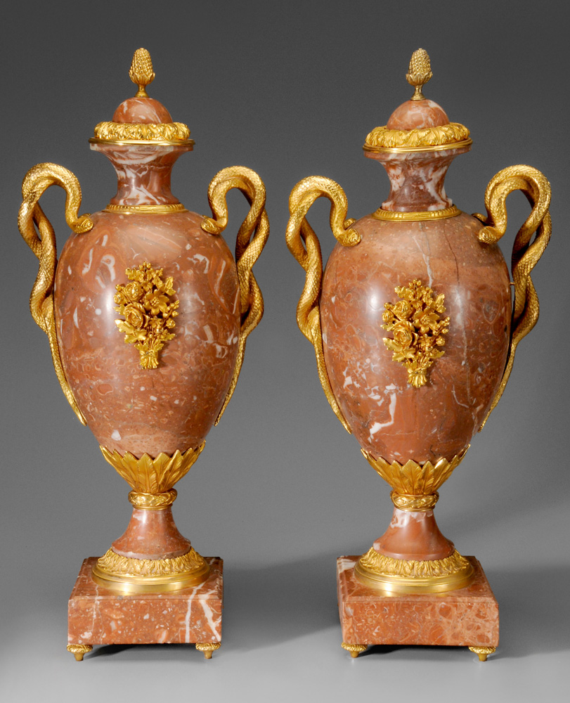 Appraisal: Pair Empire Style Bronze-Mounted Marble Urns late th century rosso