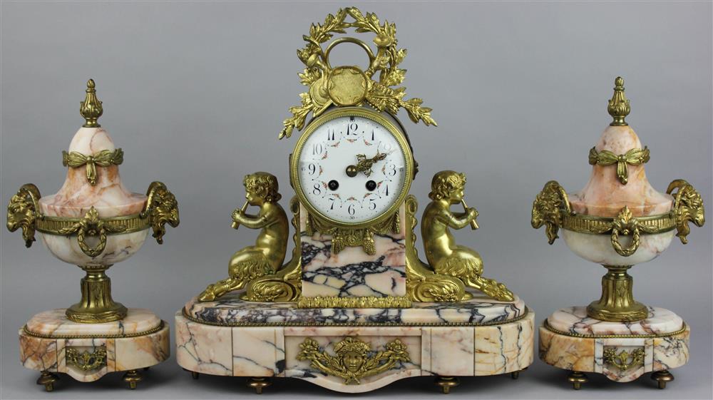 Appraisal: LOUIS XVI STYLE GILT BRONZE AND PINK MARBLE CLOCK GARNITURE