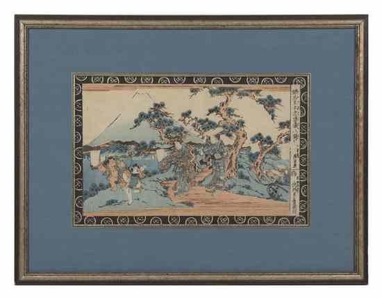 Appraisal: A Japanese Woodblock Print Eisen depicting Mount Fuji with figures