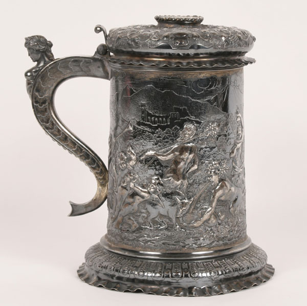 Appraisal: Monumental German silver tankard with embossed Bacchus satyr and cherub