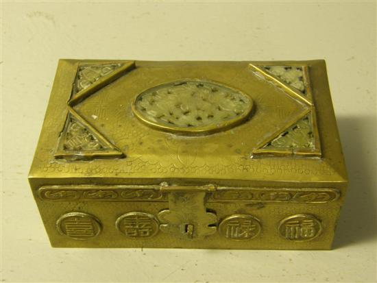 Appraisal: th century brass box inset with five pierced jade panels