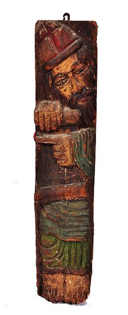 Appraisal: AN ANTIQUE CARVED AND PAINTED PANEL representing a bearded man