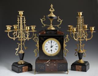 Appraisal: French Three Piece Bronze Mounted Rouge and Black Marble Clock