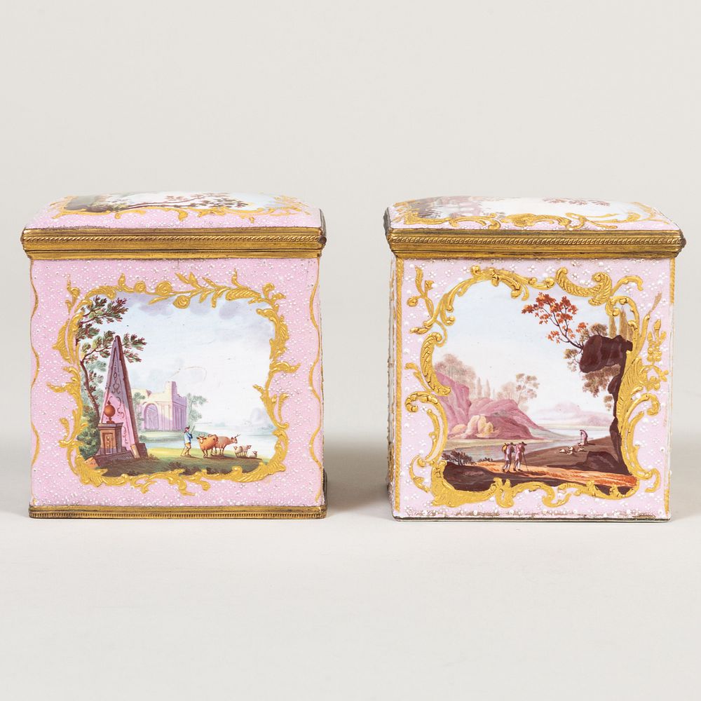 Appraisal: Two English Pink Ground Enamel Boxes Each decorated with a