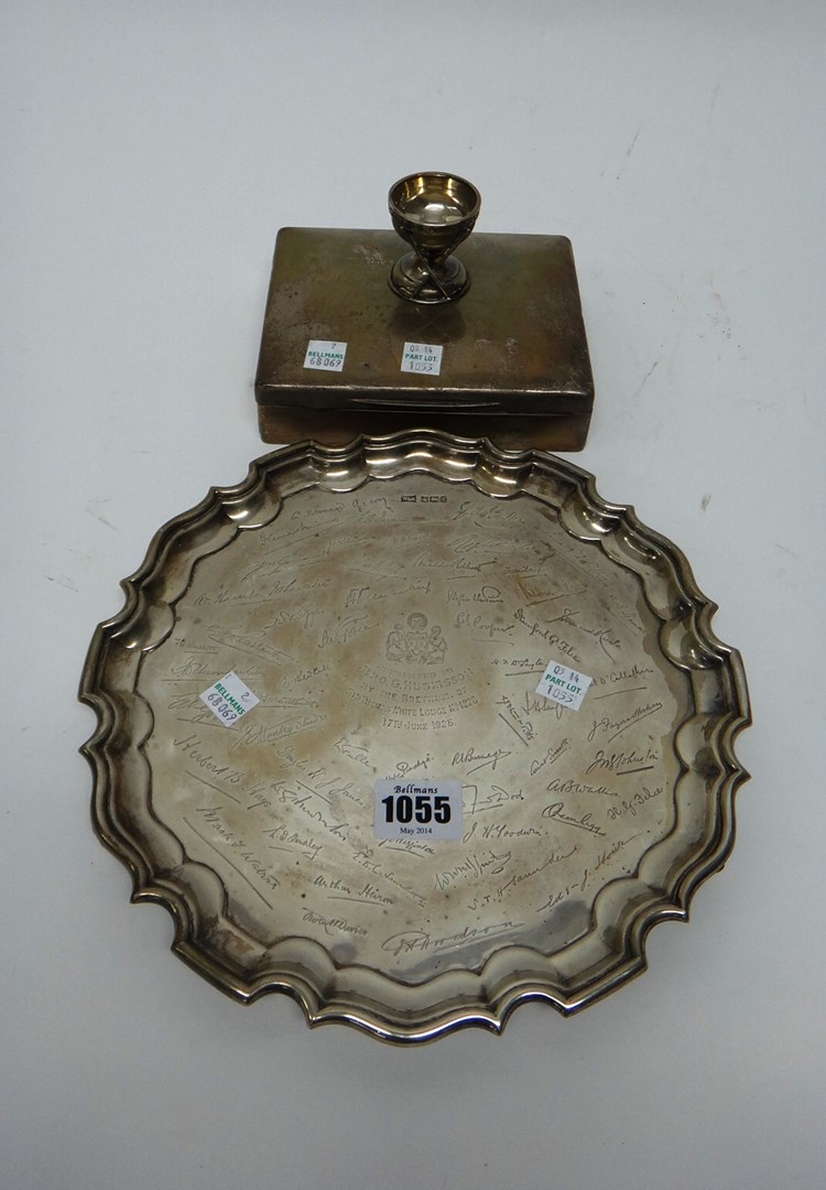 Appraisal: A silver salver of shaped circular form the centre presentation