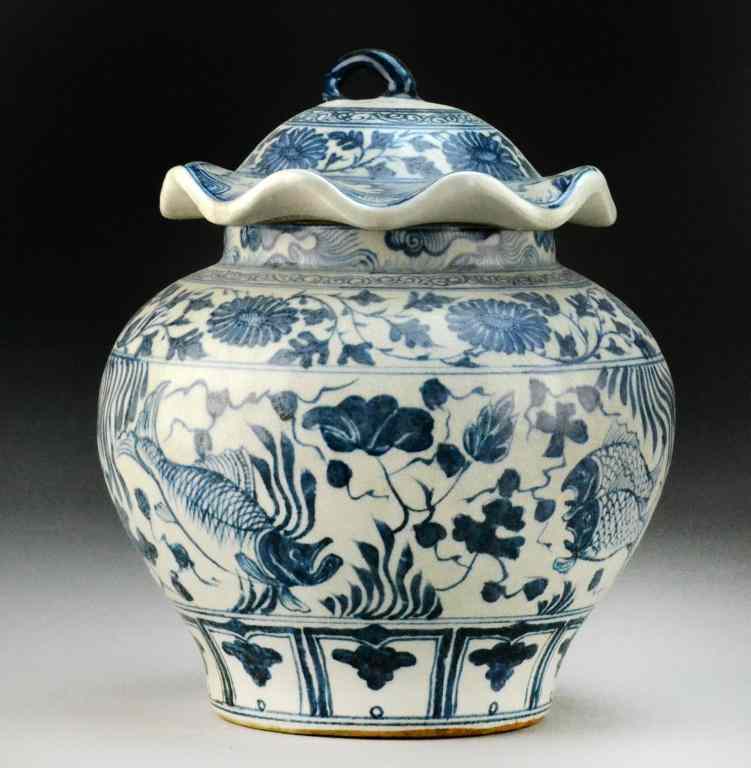 Appraisal: Chinese Ming Style Blue White Jar CoverOf baluster form finely