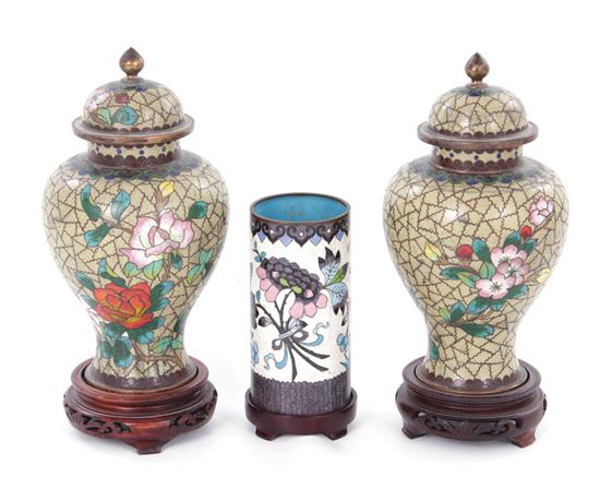 Appraisal: Chinese cloisonne vases on stands Qing dynasty pair baluster-form H