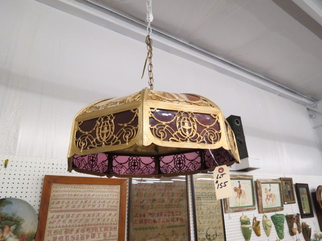 Appraisal: Slag Glass Hanging Light fancy metalworkcaramel and amethyst panels triple