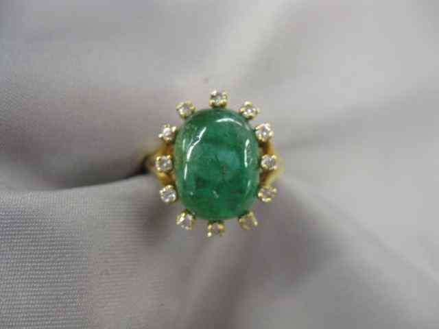 Appraisal: Emerald Diamond Ring carat oval cabochon gem surrounded by diamonds