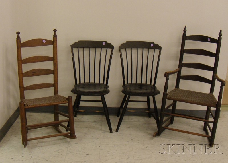 Appraisal: Pair of Black-painted Windsor Step-down Side Chairs and Two Ladder-back