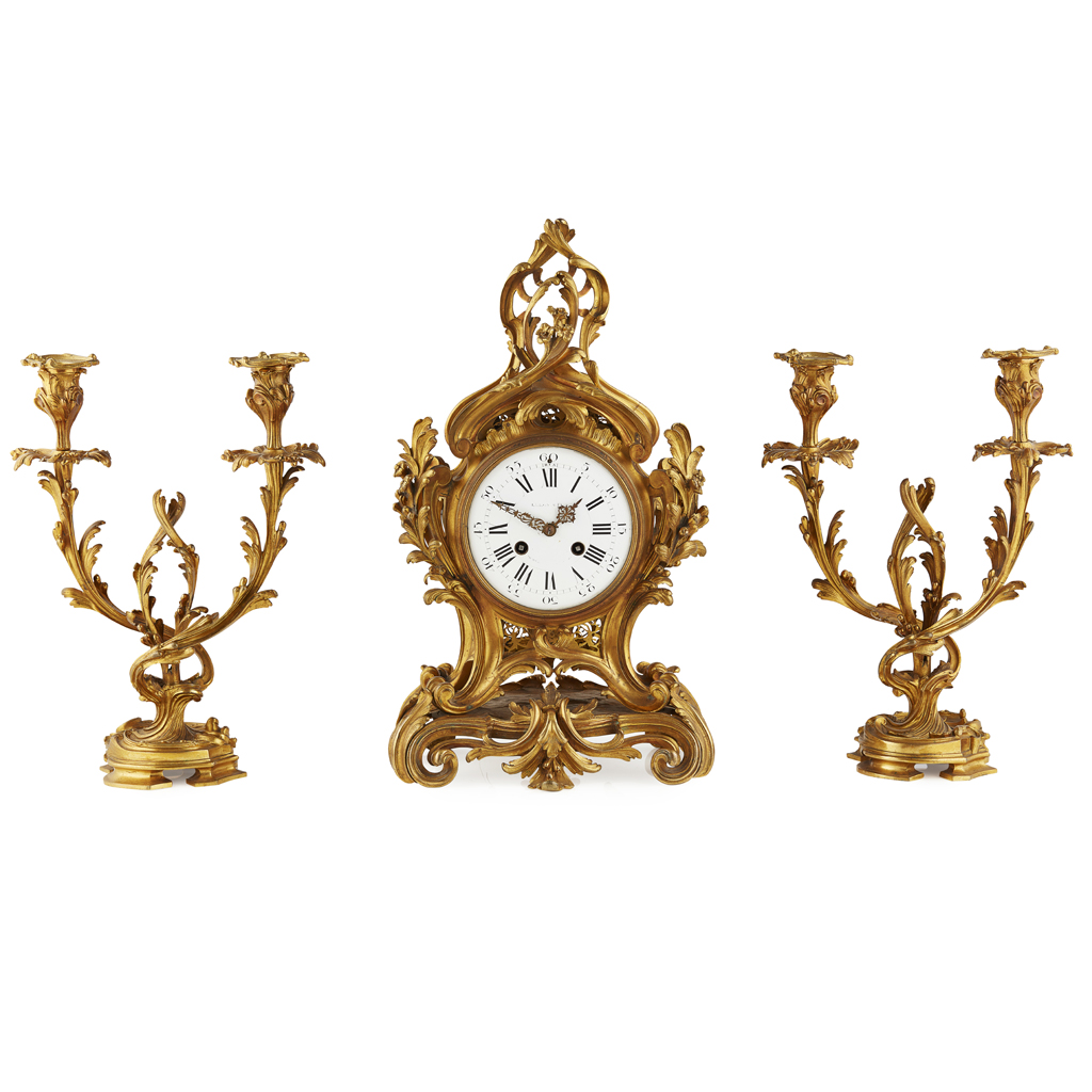 Appraisal: FRENCH GILT BRONZE ROCOCO STYLE CLOCK GARNITURE LEROY ET FILS