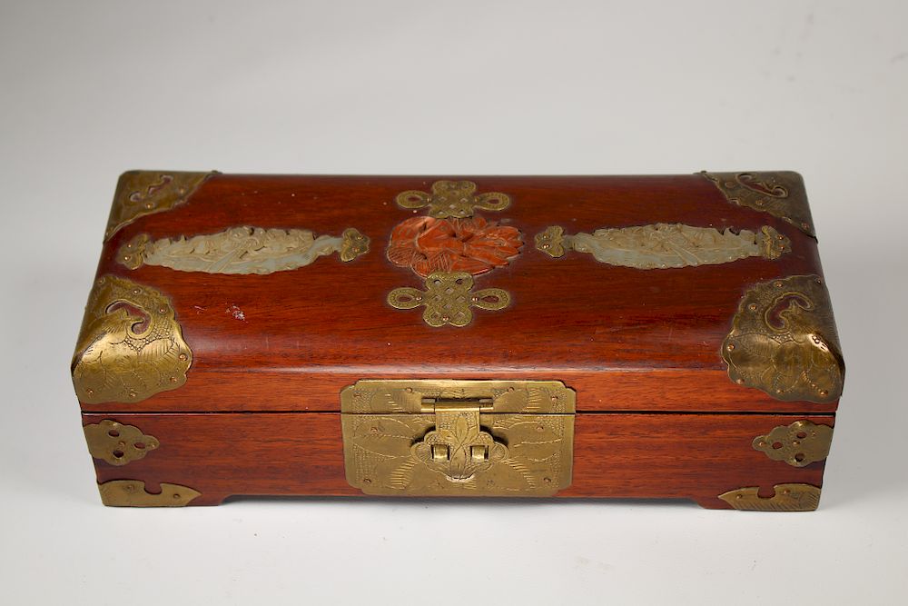 Appraisal: Chinese Carved Jade Stone Inset Jewelry Box Chinese Carved Jade