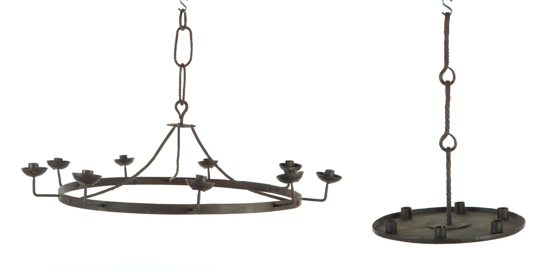 Appraisal: TWO AMERICAN WROUGHT IRON CHANDELIERS Nineteenth- th century Both with