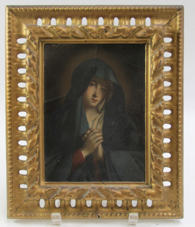 Appraisal: HAND PAINTED MADONNA PORTRAIT AFTER CARLO DOLCI with wood carved