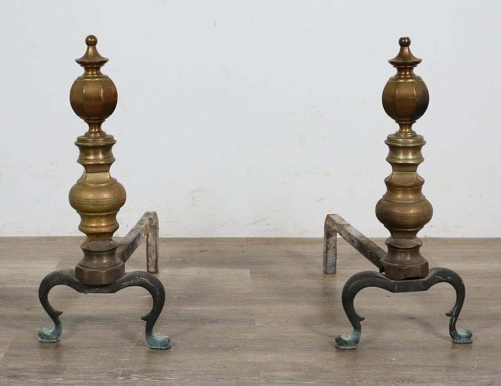 Appraisal: Pair of th century American Chippendale andirons Brass and iron