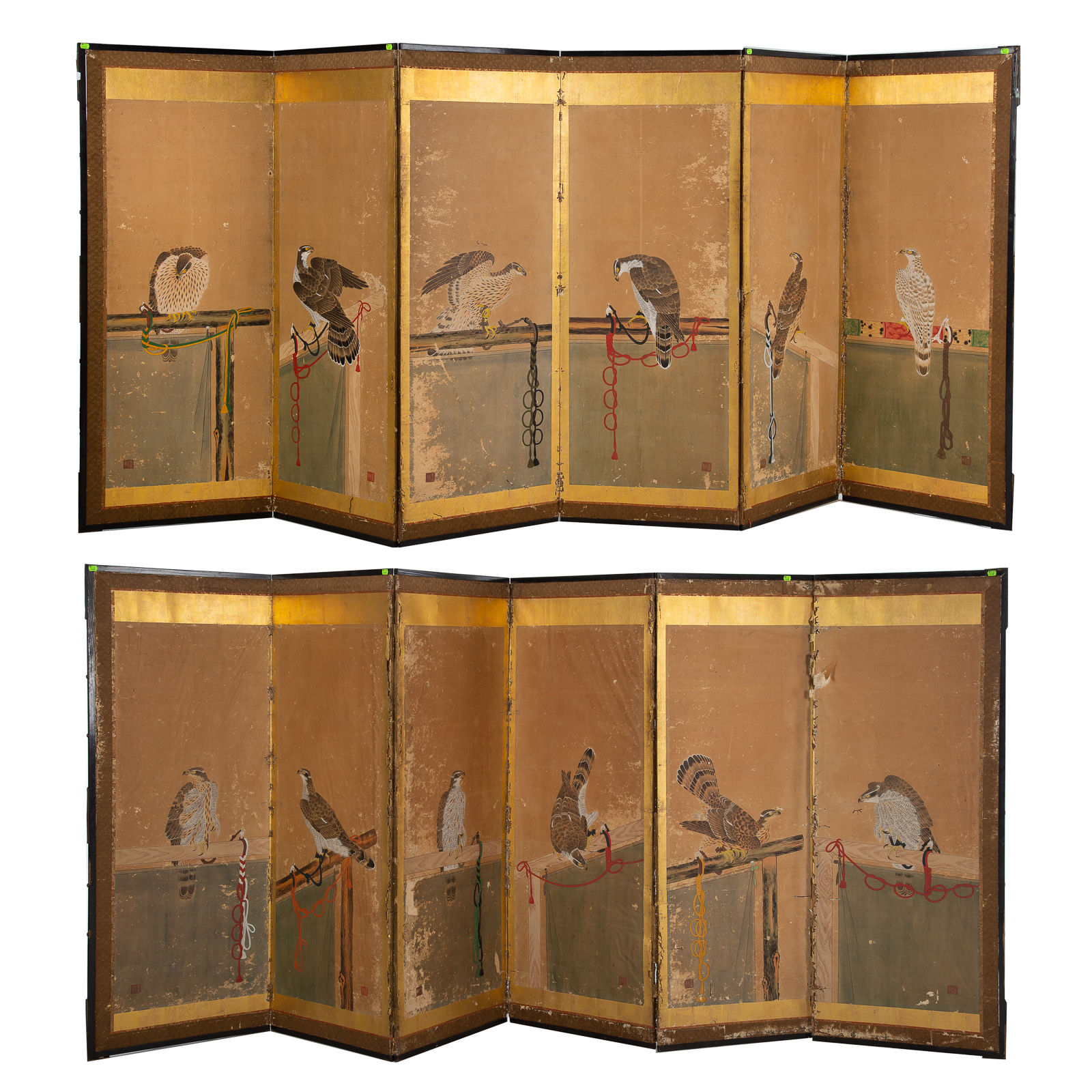 Appraisal: A PAIR OF JAPANESE TETHERED HAWK FOLDING SCREENS Meiji Period