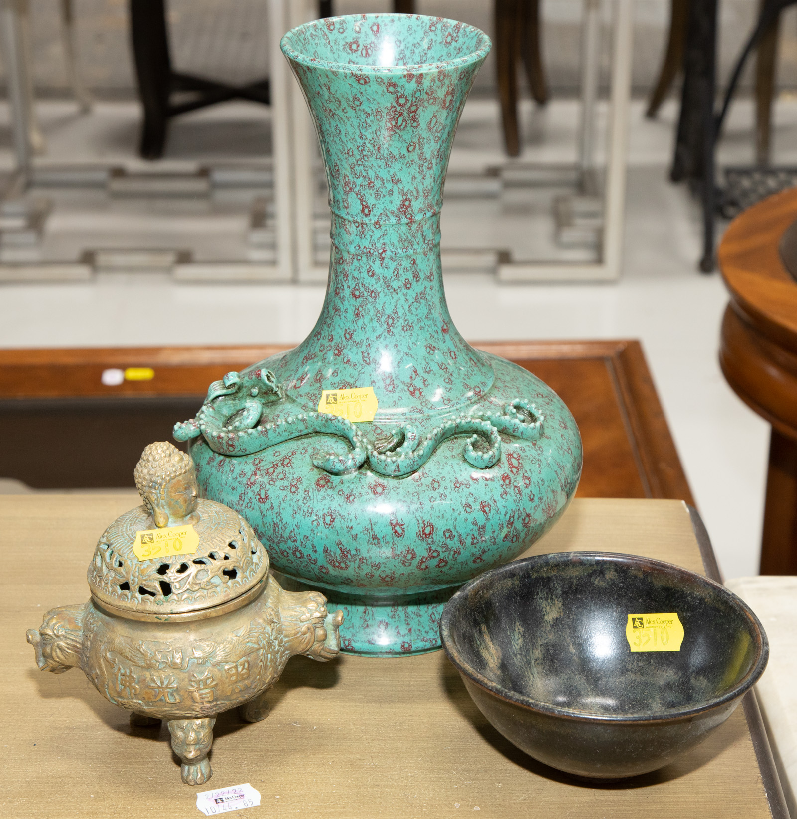 Appraisal: THREE DECORATIVE CHINESE ITEMS Includes a robin's-egg glazed vase approximately