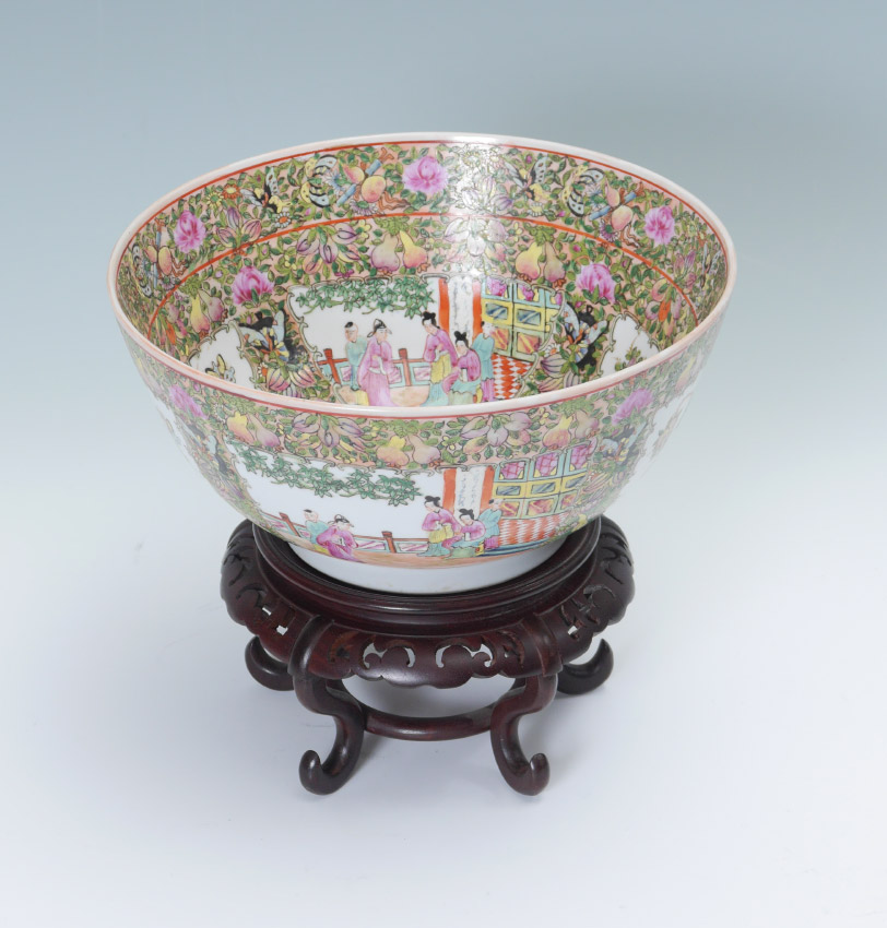 Appraisal: QING DYNASTY ROSE MEDALLION PUNCH BOWL ON STAND Flowers fruit