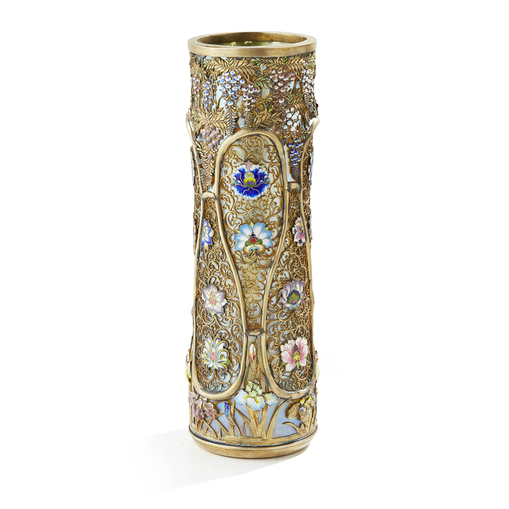 Appraisal: FINE GILT-SILVER FILIGREE AND CHAMPLEV ENAMEL GLASS VASE SIGNED SOMEI