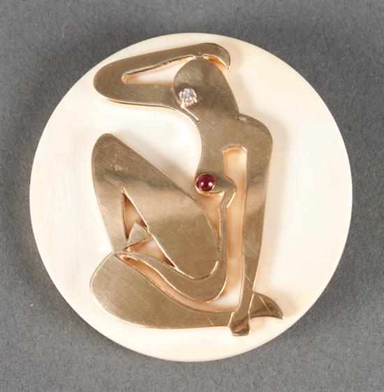 Appraisal: Ivory gold diamond and ruby cabochon Henri Mattise inspired brooch