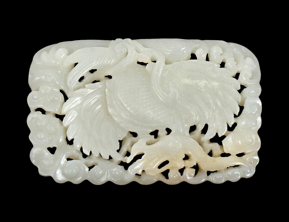 Appraisal: CHINESE JADE PHOENIX PLAQUE The plaque pierced with a displayed