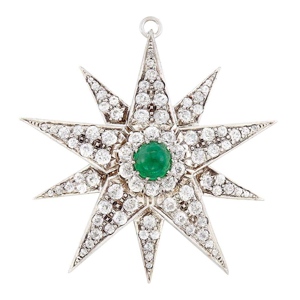 Appraisal: Rhodium-Plated Antique Silver Gold Diamond and Cabochon Emerald Star Pendant-Brooch