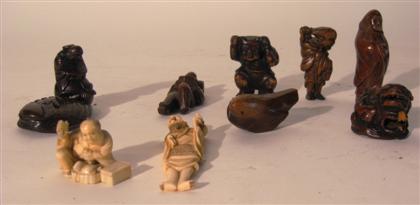 Appraisal: Collection of ten Japanese netsukeComprising examples carved from elephant ivory