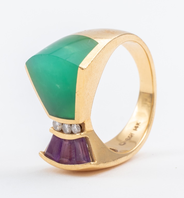 Appraisal: B H K GOLD AMETHYST DIAMOND JADE RING A B