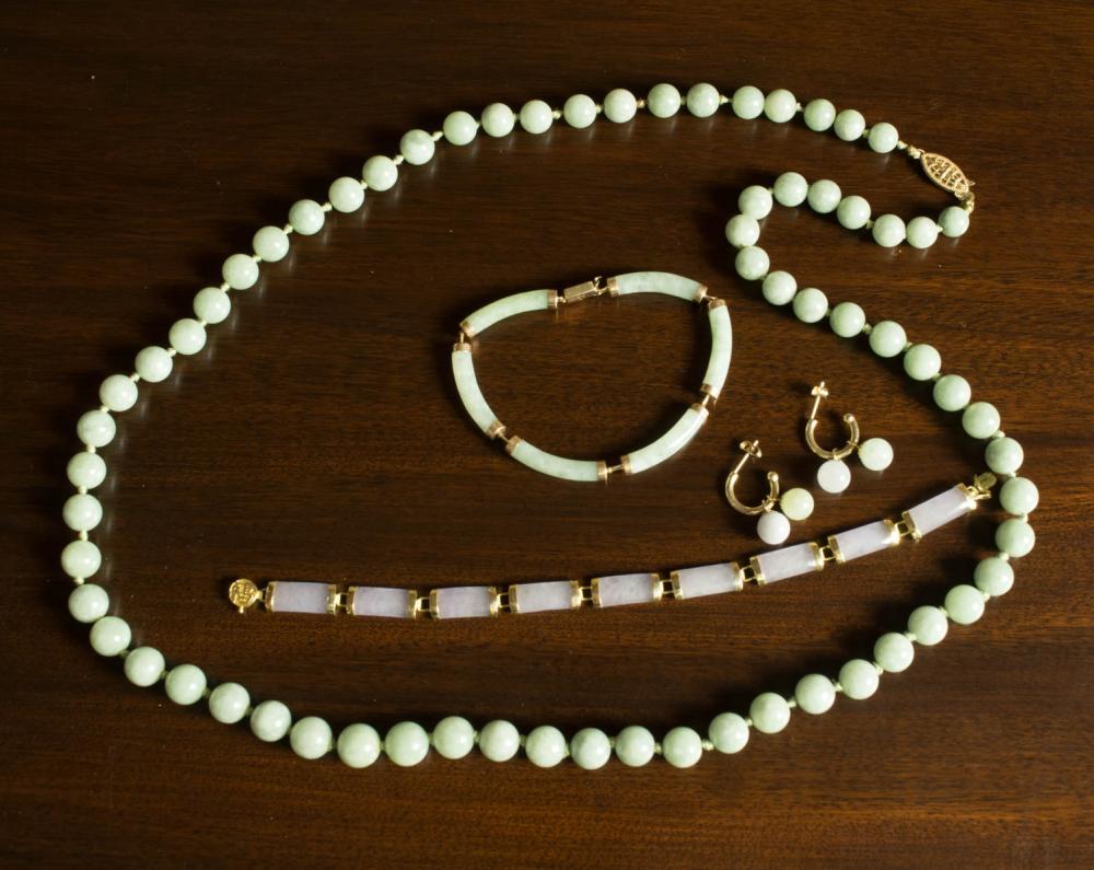 Appraisal: FIVE ARTICLES OF JADE AND FOURTEEN KARAT GOLD JEWELRY including