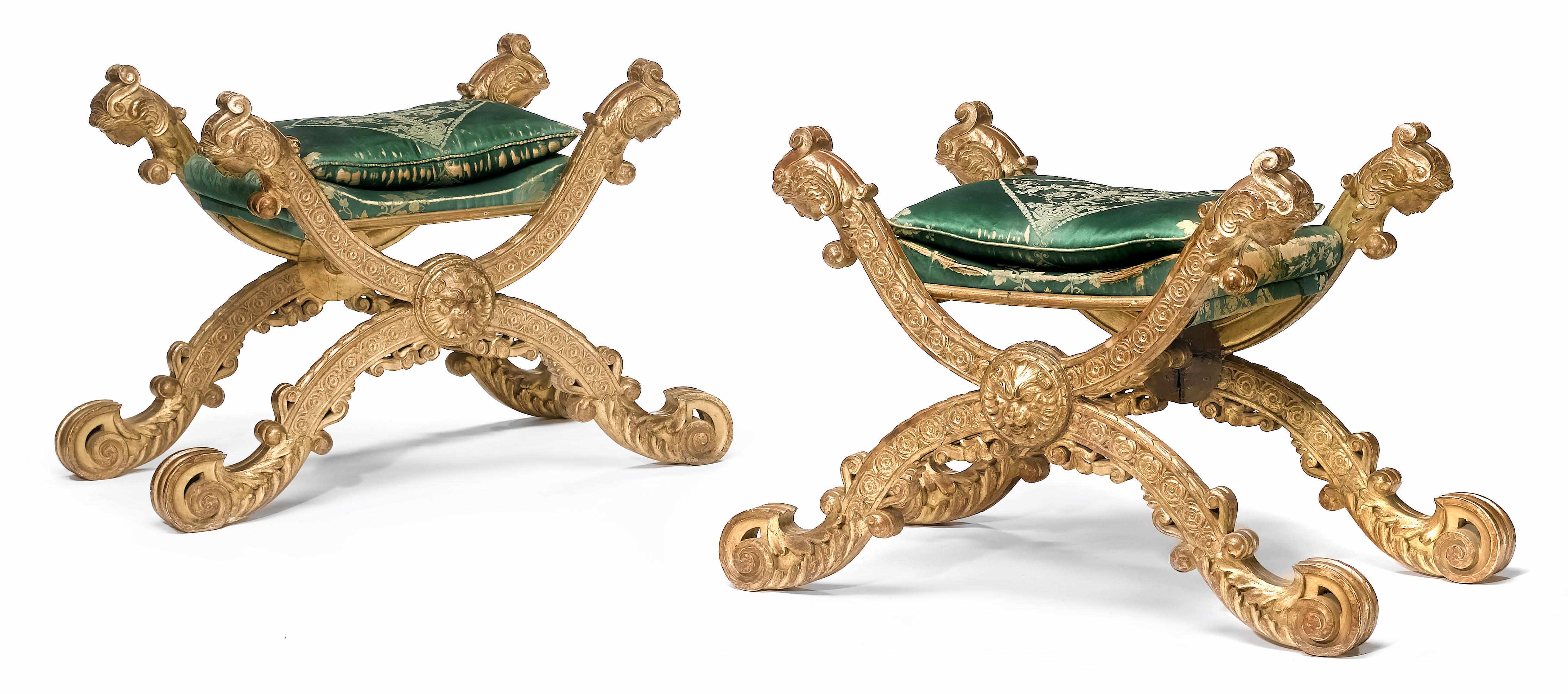 Appraisal: A good pair of Italian Neoclassical carved giltwood stools circa