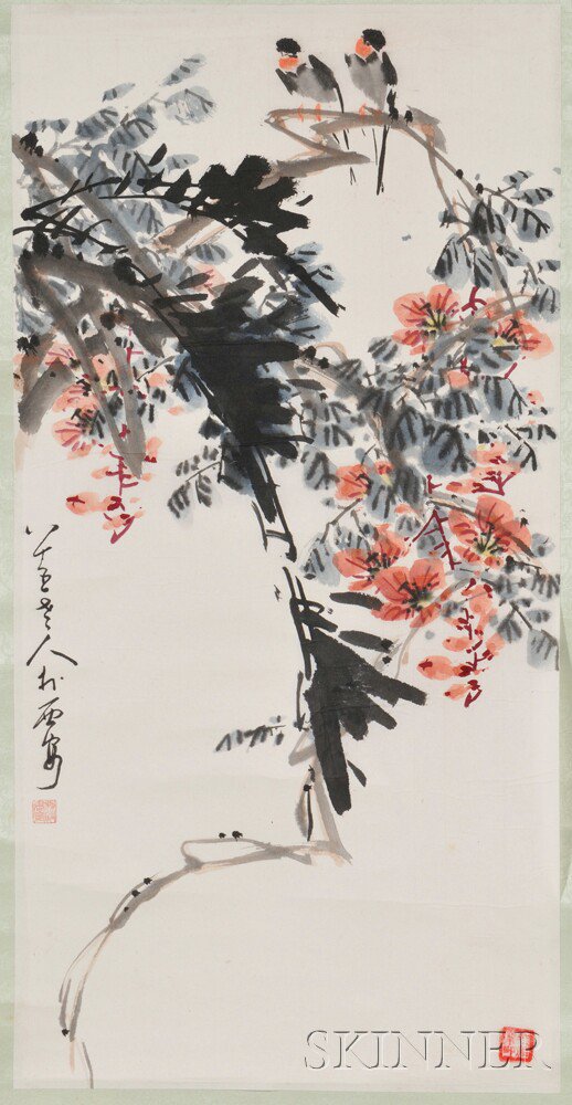 Appraisal: Hanging Scroll Depicting Birds and Flowers China ink and color