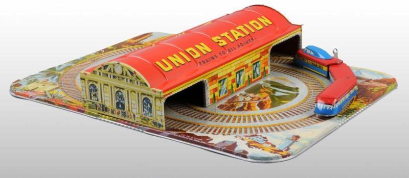 Appraisal: Tin Automatic Toy Co Union Station Train Toy Description American