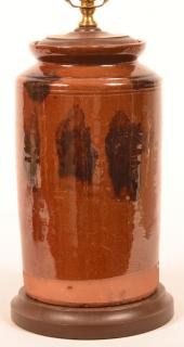 Appraisal: th Century Mottle Glazed Redware Storage Jar Drilled and Fitted