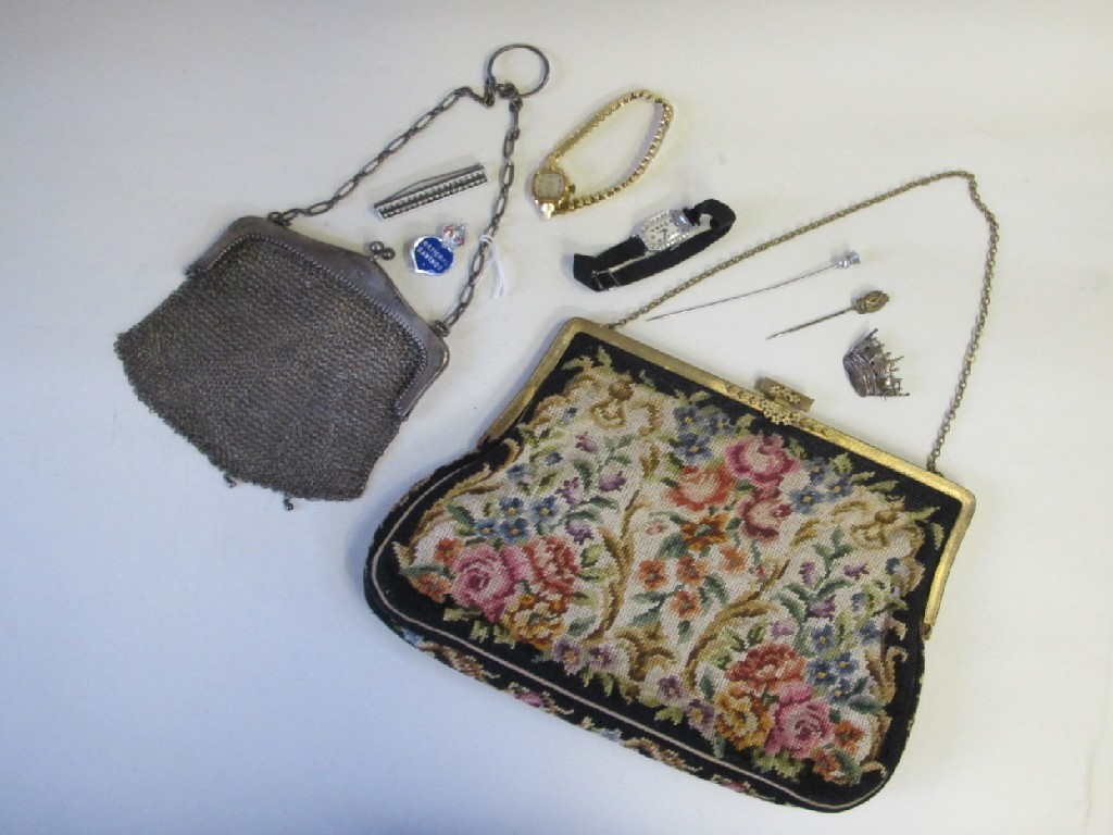 Appraisal: Lot comprising embroidered purse mesh purse watches brooch etc