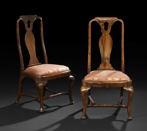 Appraisal: Pair of Queen Anne Walnut Sidechairs th century each with