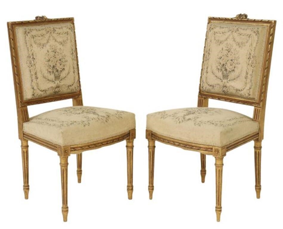 Appraisal: pair French Louis XVI style giltwood side chairs early thc