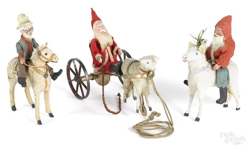 Appraisal: Painted composition Santa on stick leg sheep Painted composition Santa