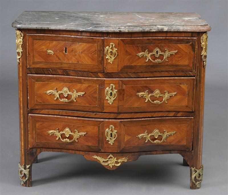 Appraisal: LOUIS XV GILT-BRONZE-MOUNTED TULIPWOOD AND KINGWOOD PARQUETRY COMMODE Signed left