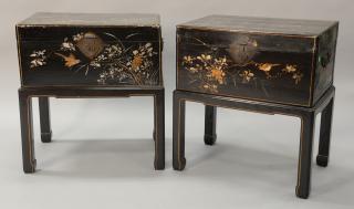 Appraisal: Pair of black lacquered Asian lift top chest on custom