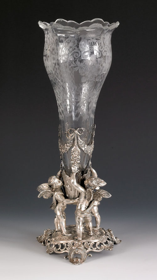 Appraisal: German silver and etched glass vase late th c with