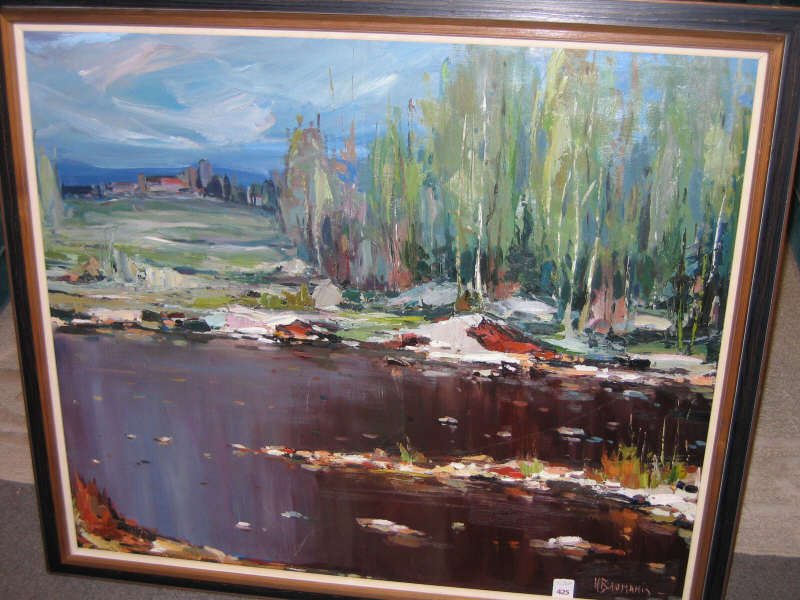 Appraisal: H BAUMANIS River landscape oil on masonite signed lower right