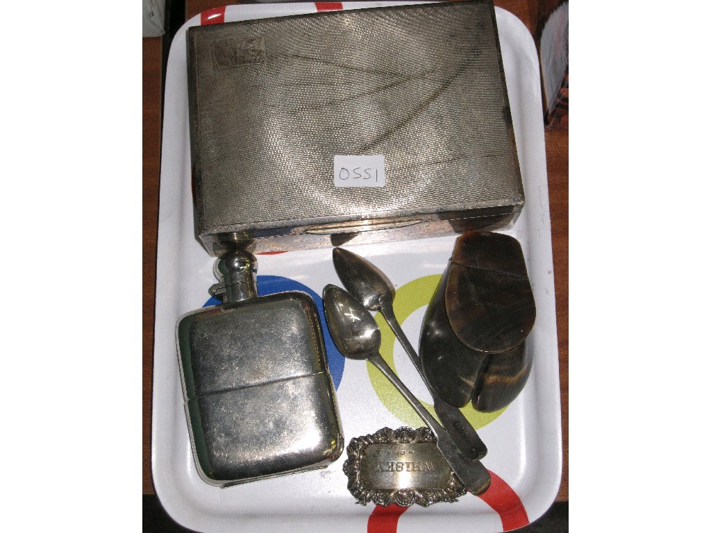 Appraisal: Lot comprising silver cigarette box decanter label etc