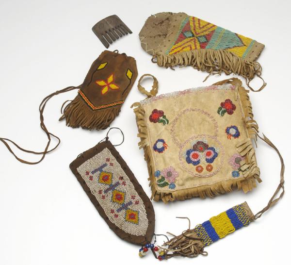 Appraisal: NATIVE AMERICAN Grouping of six leather and beaded items including