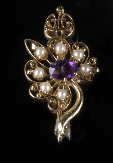 Appraisal: American Fourteen-Karat Yellow Gold Amethyst and Pearl Pin in the