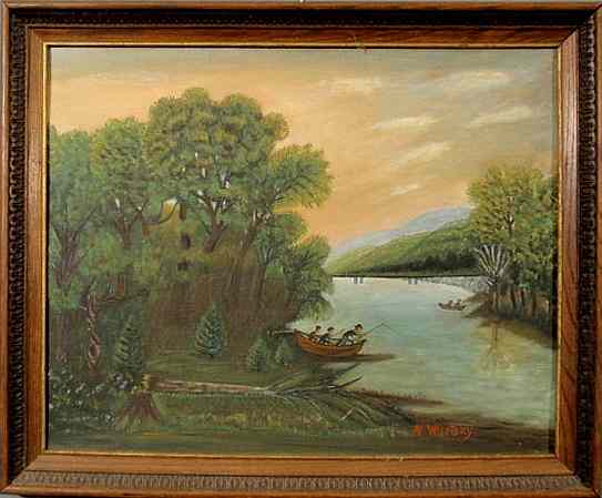 Appraisal: Primitive oil on artist board painting of a river and