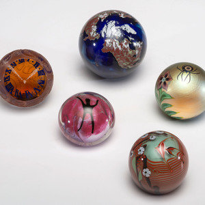 Appraisal: Five Glass Paperweights th Century including examples by Bridgeton Studios