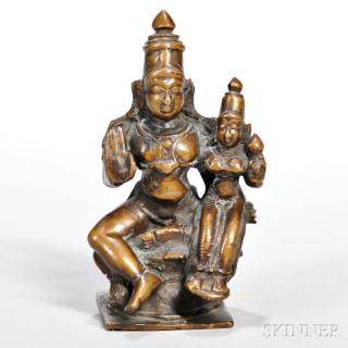 Appraisal: Bronze Statuette of Vishnu with Lakshmi India Vishnu seated on